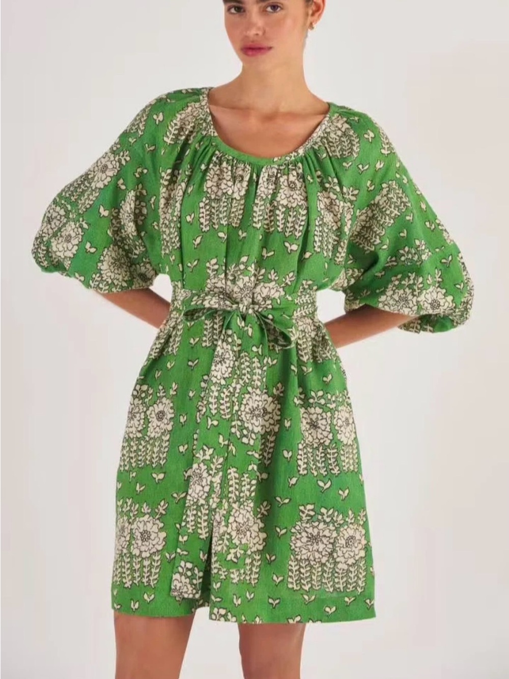 Oroton Australia Posie Print Green Floral Tie-Waist Women's Dress 100% Linen